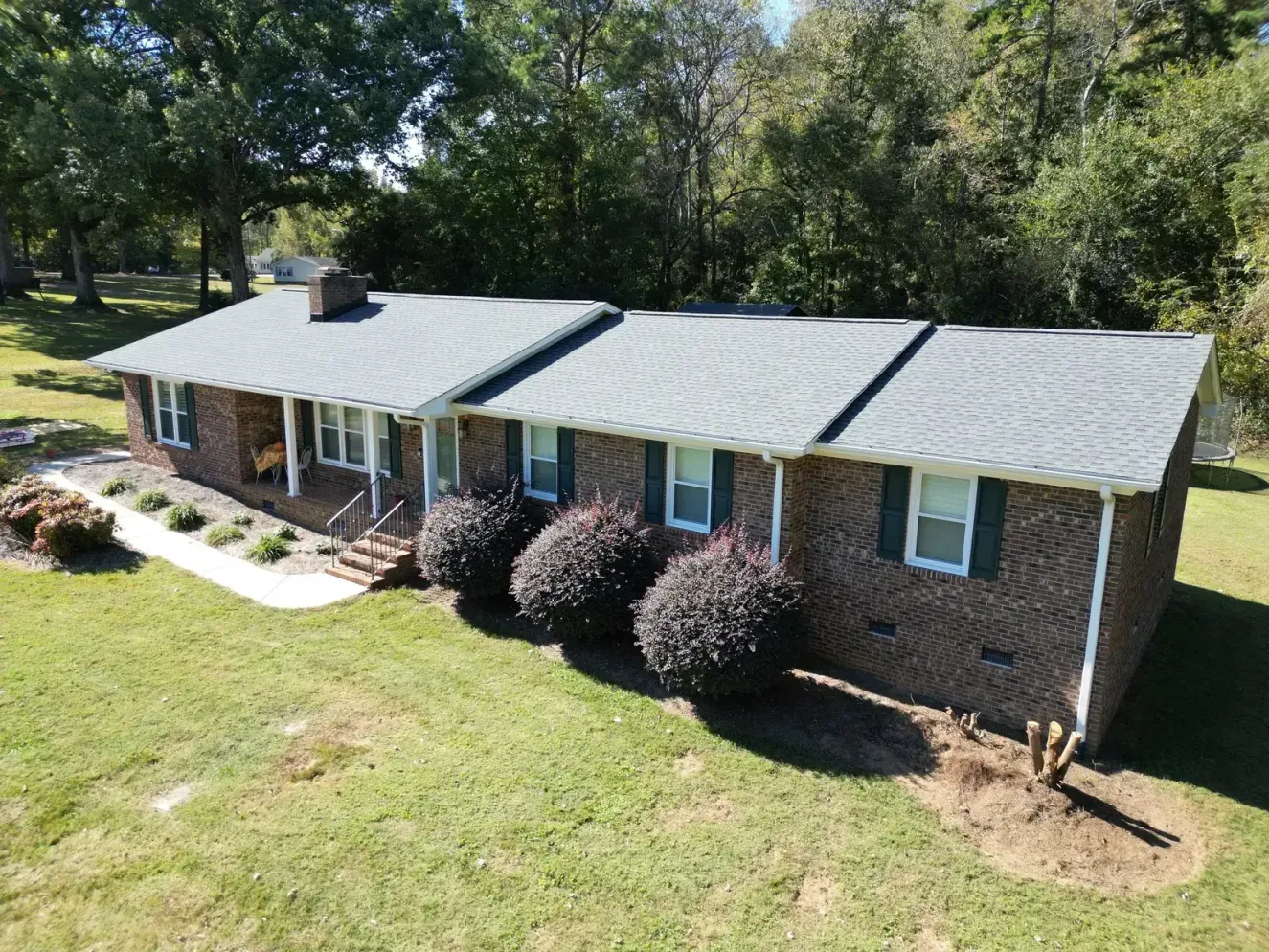 Completed GAF Timberline HDZ Pewter Gray roof replacement on a brick ranch home on Middleton Rd in Garner, NC