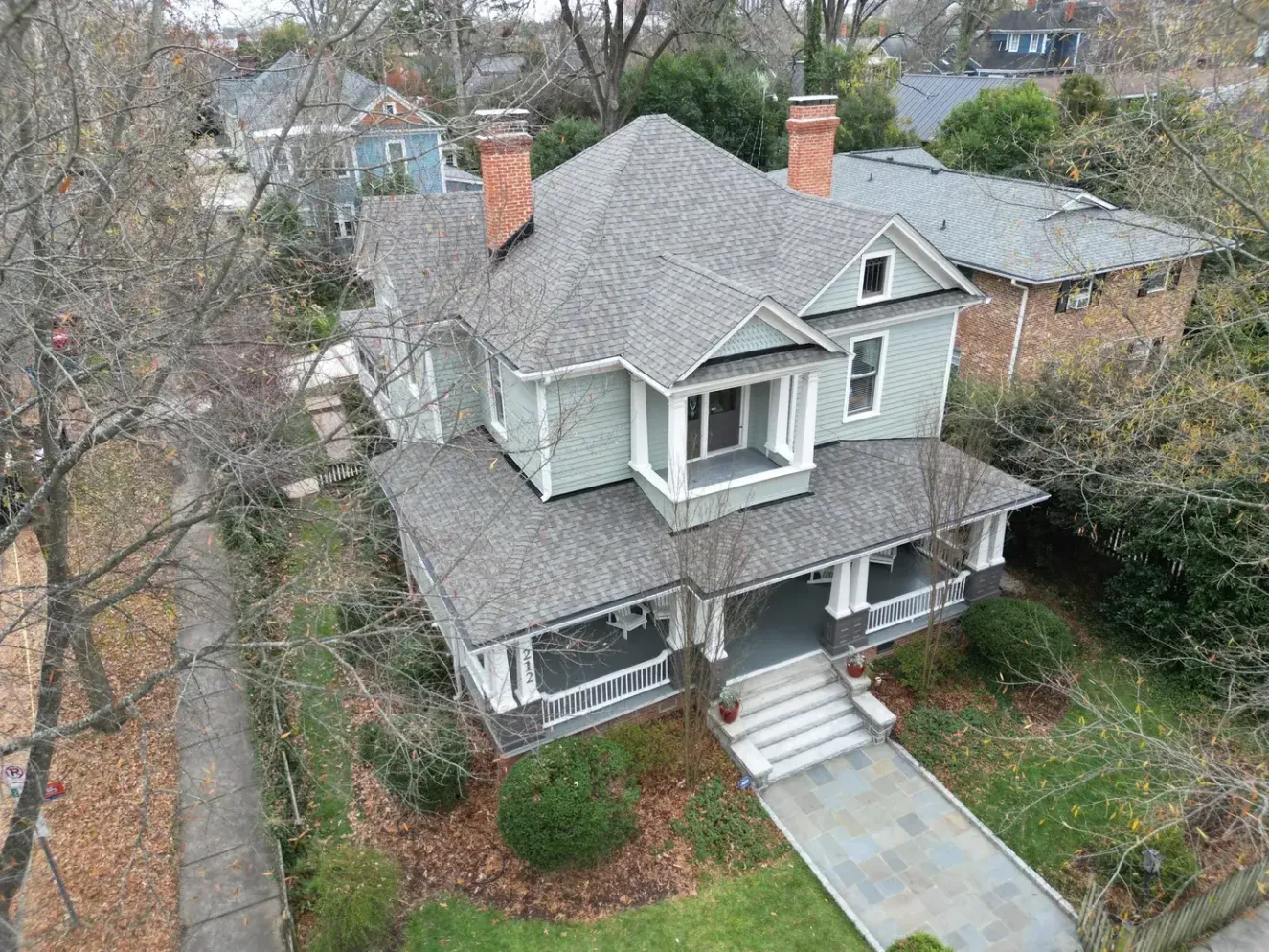Completed CertainTeed Landmark Weathered Wood roof replacement on a historic home on Watts St in Durham, NC